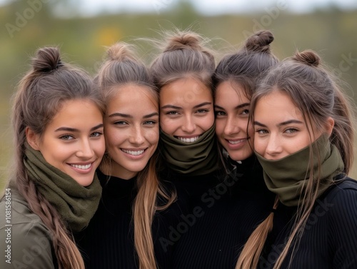 A group of young women wearing green scarves posing for a picture
