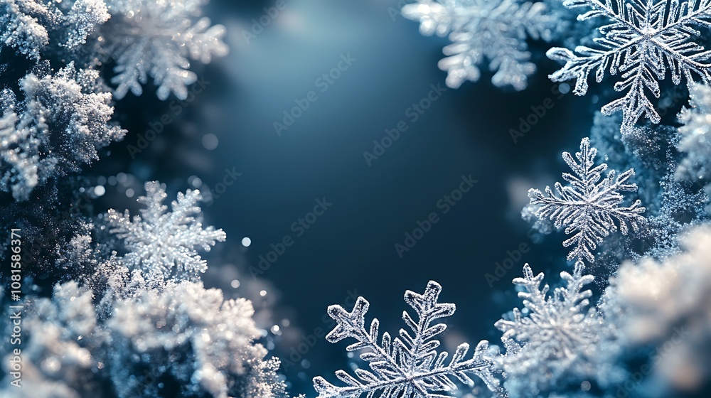 An elegant snowflake border with shimmering silver and white snowflakes, creating a delicate frame around a central blank area, soft glow, hd quality, highly detailed textures. --ar 16:9 An elegant snowflake border with shimmering silver and white snowflakes, creating a delicate frame around a central blank area, soft glow, hd quality, highly detailed textures. --ar 16:9