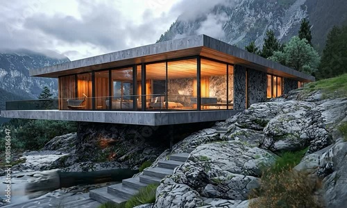Modern mountain home on a rocky ledge, with sleek timber and glass exterior, presenting a breathtaking view of rugged peaks and a tranquil alpine lake