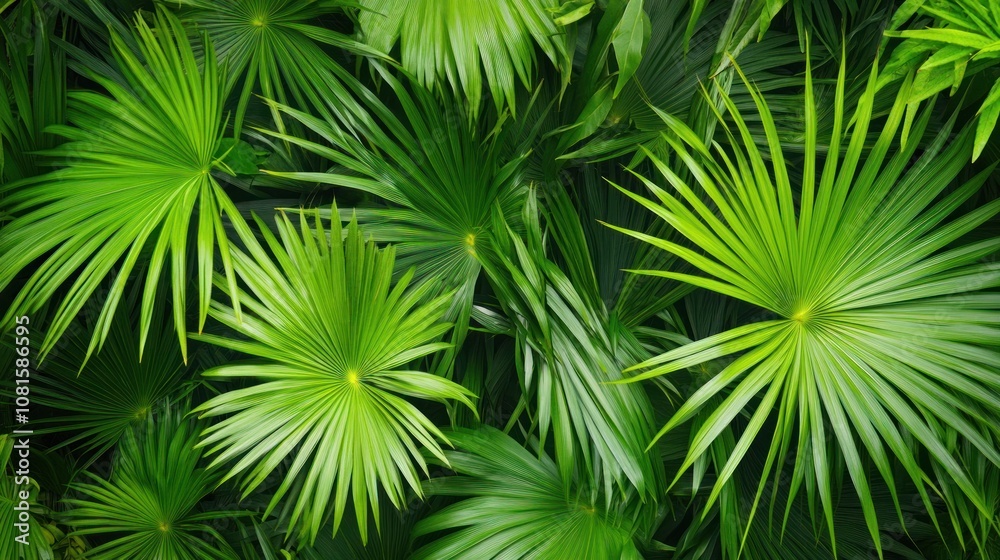 Lush green palm leaves create a tropical background pattern. Lush green palm leaves create a tropical background pattern.