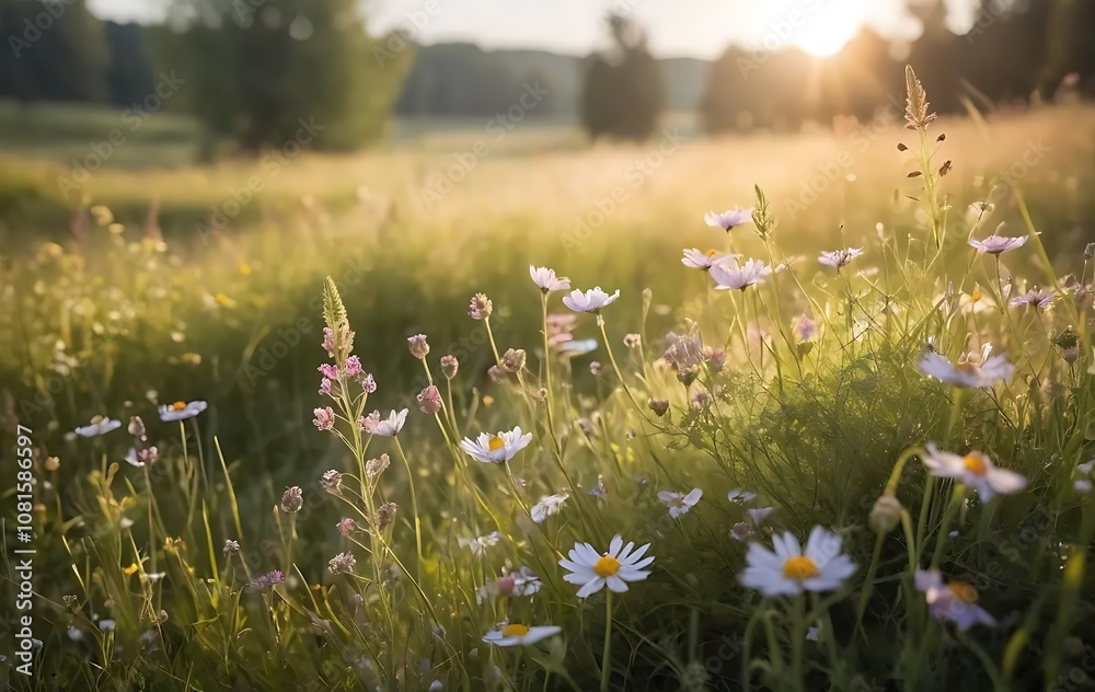 Fototapeta premium High-Resolution Sunlit Wildflowers in Meadow with Soft Blurred Background