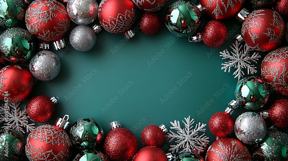 Border of glossy red and green Christmas baubles with silver snowflakes, creating a festive frame around a central blank area, intricate reflections, hd quality, high detail, holiday theme. --ar 16:9 Border of glossy red and green Christmas baubles with silver snowflakes, creating a festive frame around a central blank area, intricate reflections, hd quality, high detail, holiday theme. --ar 16:9