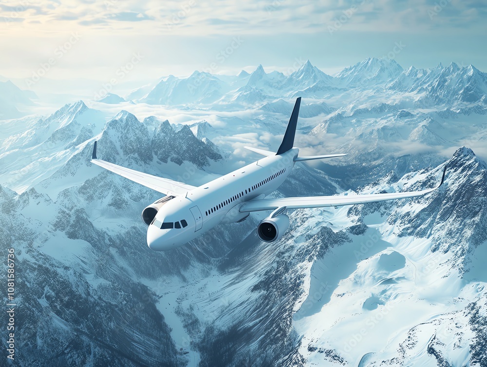 Fototapeta premium Aerial view of airplane flying over snowcapped mountains