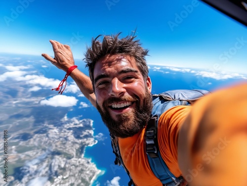 A man with a beard and a backpack is skydiving in the sky photo