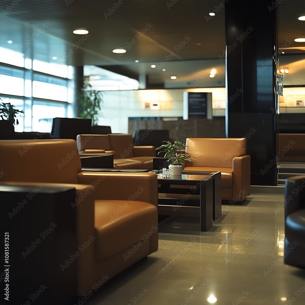 Fototapeta premium Airline lounge interior with leather seating and coffee tables