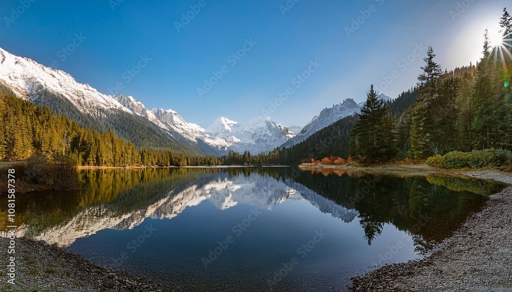 Serene Lake Nestled Between Snow-Capped Peaks and Lush Forests, Reflecting the Sunshine and Surrounding Scenery on Its Glassy Surface During Early Morning Serene Lake Nestled Between Snow-Capped Peaks and Lush Forests, Reflecting the Sunshine and Surrounding Scenery on Its Glassy Surface During Early Morning