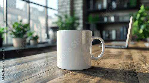 A simple white mug sits on a wooden desk, a laptop and potted plants blurred in the background.