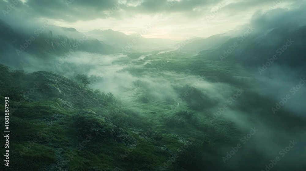 A misty valley with a river winding through it, surrounded by lush green hills and mountains. A misty valley with a river winding through it, surrounded by lush green hills and mountains.