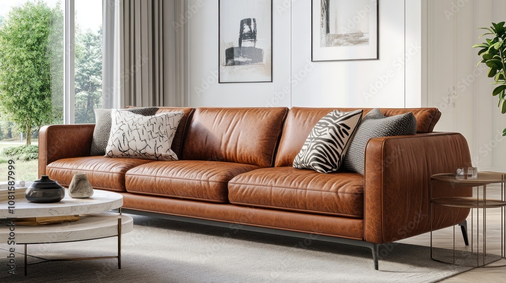 Fototapeta premium A brown leather sofa with black metal legs in a modern living room with a coffee table and large windows.