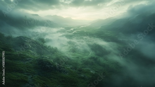 A misty valley with a river winding through it, surrounded by lush green hills and mountains.