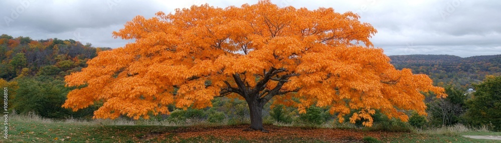 A vibrant orange tree stands alone in a scenic landscape, showcasing autumn's beauty. A vibrant orange tree stands alone in a scenic landscape, showcasing autumn's beauty.