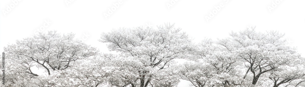 A serene landscape of snow-covered trees against a white background. A serene landscape of snow-covered trees against a white background.