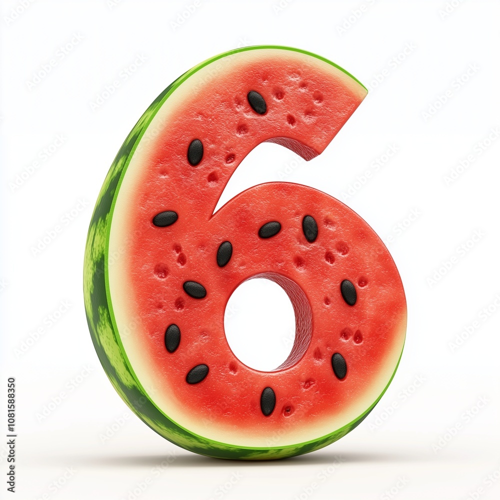 The number 6 is from watermelon texture fruit for kids learning font white isolated The number 6 is from watermelon texture fruit for kids learning font white isolated