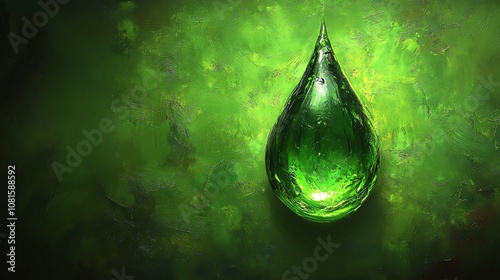 A vibrant green droplet of water on an artistic background representing nature.