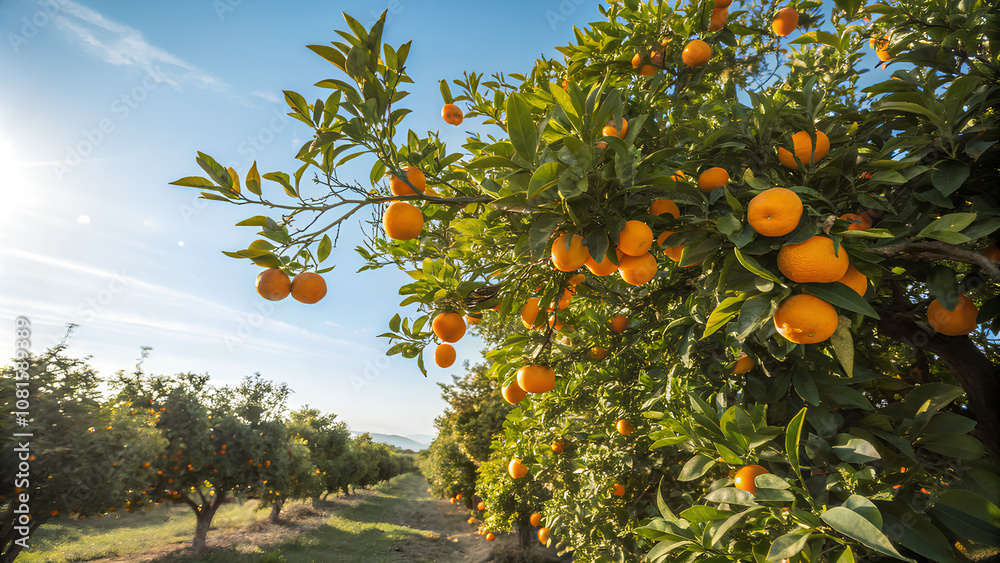 Orange fruit tree, Morning light and blue sky Orange fruit tree, Morning light and blue sky