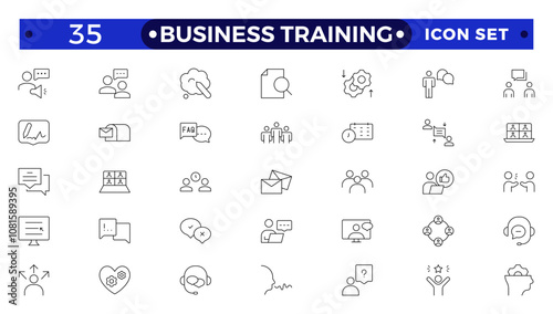 Business training line icons collection. Workshop, lecture, education icons. UI icon set. Interpersonal skill, confidence, problem solving, communication outline icon.