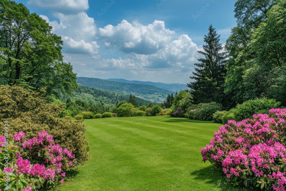 Obraz premium Lush green lawn with blooming rhododendrons in the foreground and a mountainous backdrop under a blue sky with fluffy clouds.