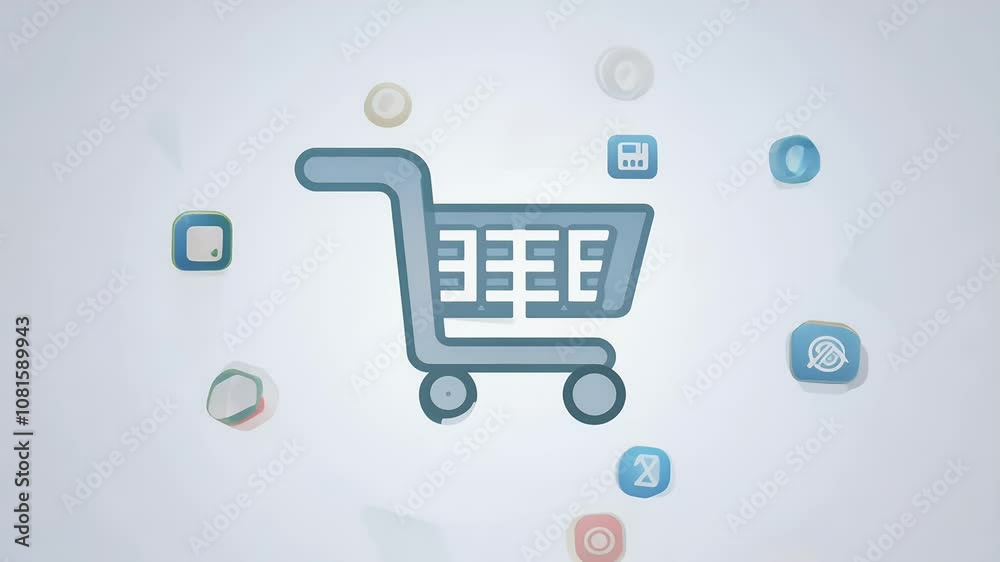 video of Stylized Shopping Cart Icon Surrounded by a Myriad of Abstract App Icons, Representing the Vast Selection Available in Modern Commerce