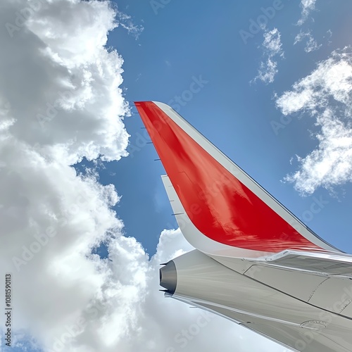 Closeup of an airplane s tail fin in flight, with clouds in background photo