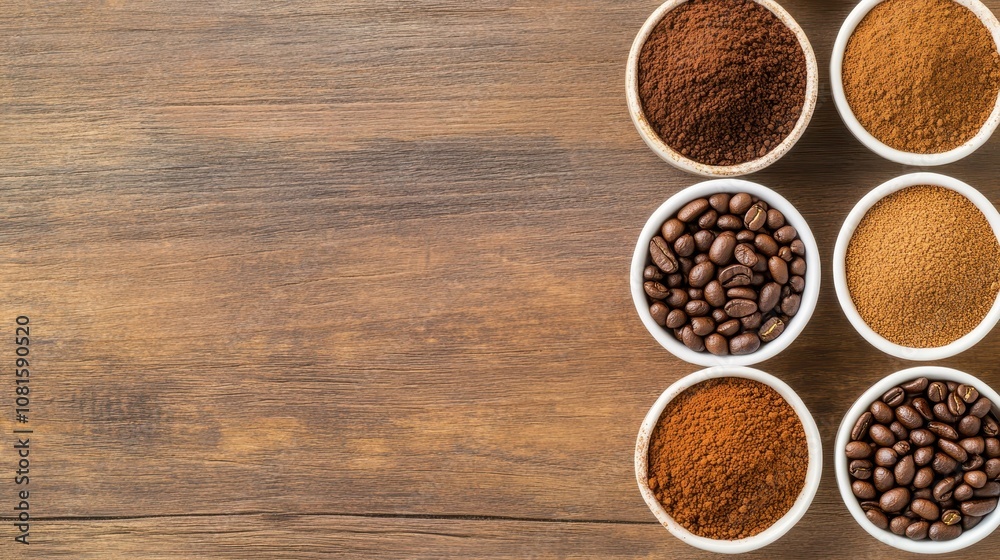 A vibrant closeup of diverse coffee beans and grounds in bowls, showcasing rich aromas and textures on a rustic surface. A vibrant closeup of diverse coffee beans and grounds in bowls, showcasing rich aromas and textures on a rustic surface.