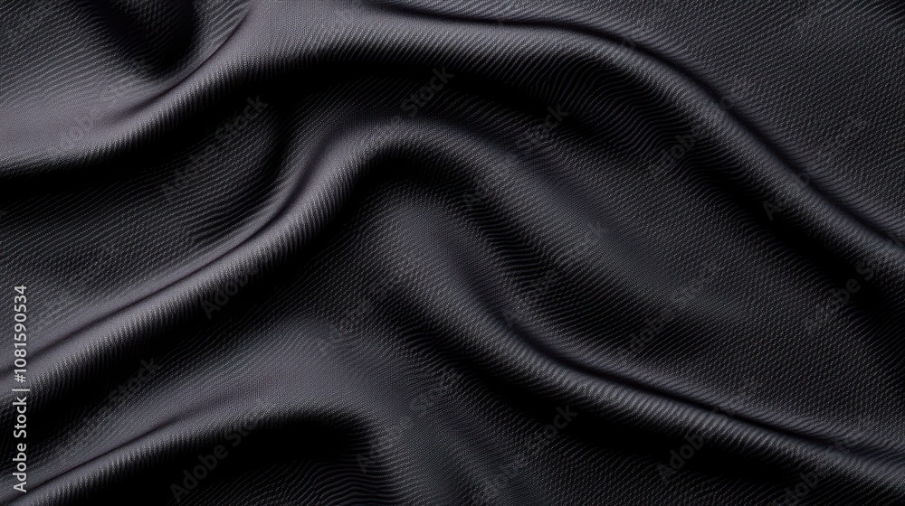 Closeup view of dark textured fabric with shiny fibers, showcasing intricate wavy patterns in textile design. Closeup view of dark textured fabric with shiny fibers, showcasing intricate wavy patterns in textile design.