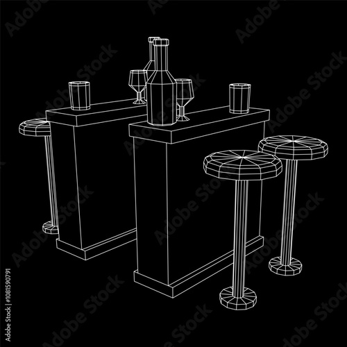 Bar counter with stools, bar top with bottles and glasses. Wireframe low poly mesh vector illustration.