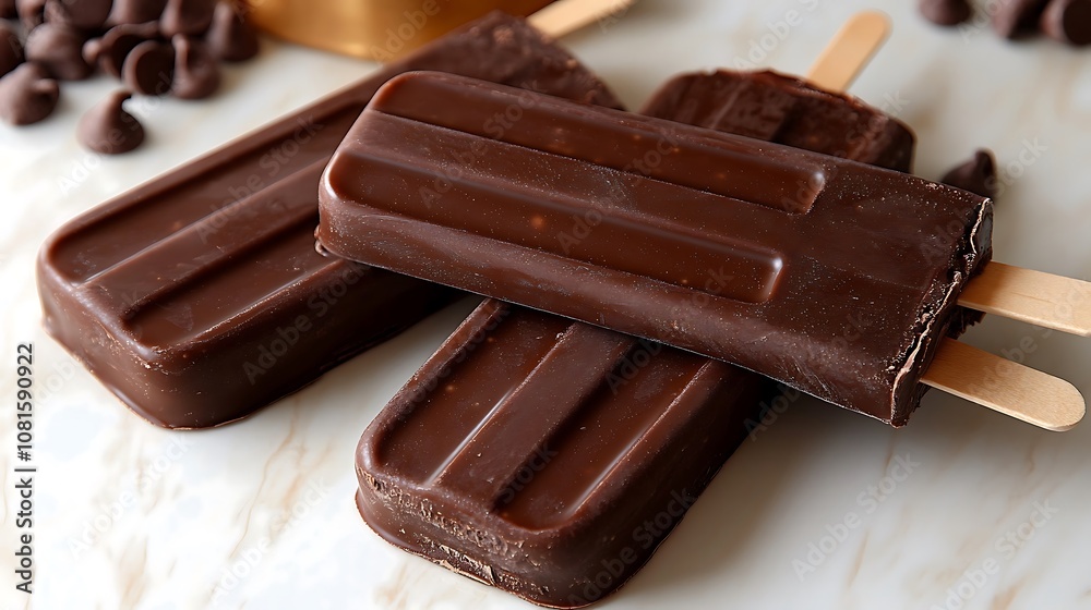 Three chocolate popsicles with wooden sticks on white background with chocolate chips. Three chocolate popsicles with wooden sticks on white background with chocolate chips.