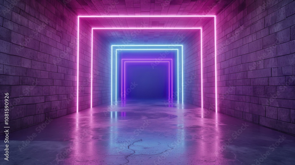 Explore a modern scifi world with an elegant neon glowing frame, casting vibrant purple, pink, and blue hues in a dark space.