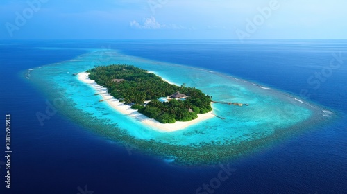 An aerial view of a tropical island with white sand beaches, lush green vegetation, and clear blue water.