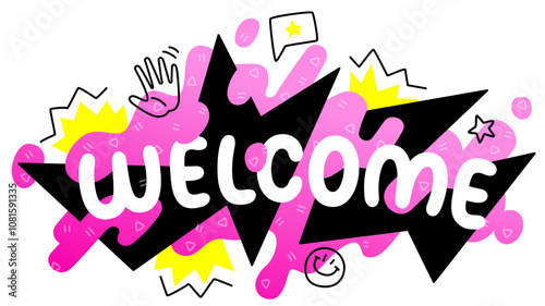 Welcome lettering colorful with doodles