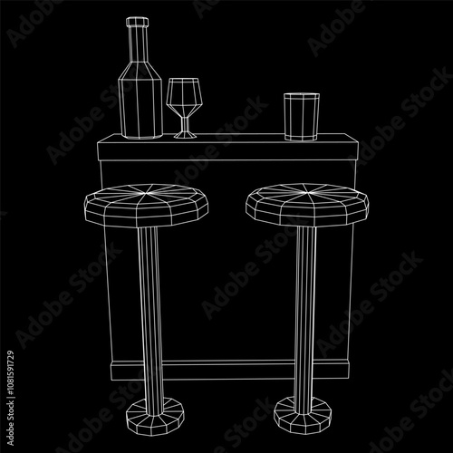 Bar counter with stools, bar top with bottles and glasses. Wireframe low poly mesh vector illustration.