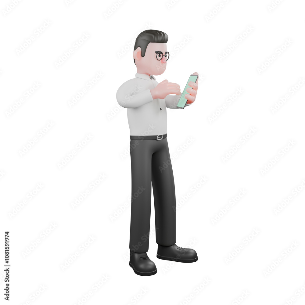 3D Cartoon Model. A male producer stands while playing a handphone. Filmmaker Illustration 3D Cartoon Model. A male producer stands while playing a handphone. Filmmaker Illustration