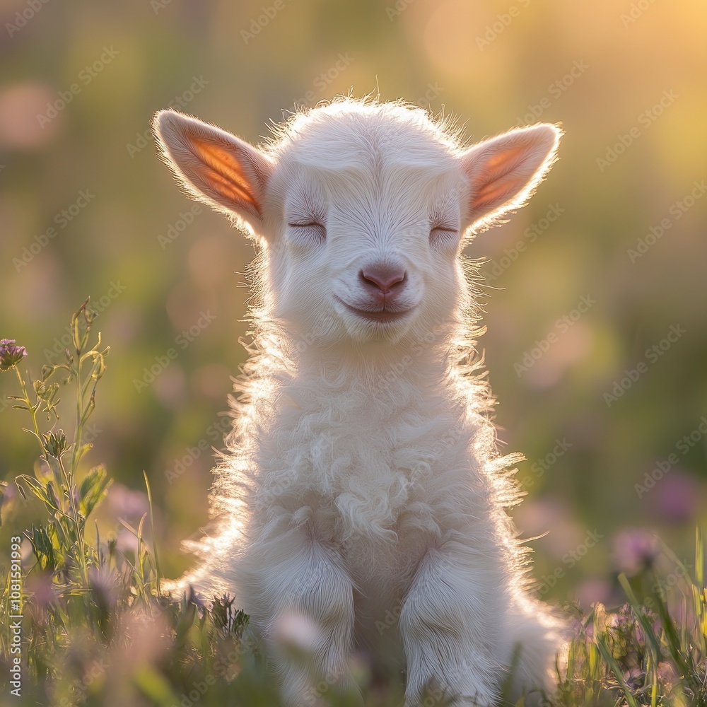A fluffy white lamb with closed eyes sits in a field of wildflowers, bathed in golden sunlight. A fluffy white lamb with closed eyes sits in a field of wildflowers, bathed in golden sunlight.