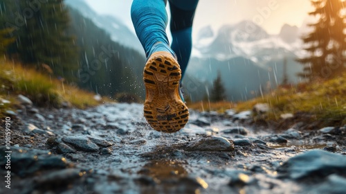 running feet of a trail athlete is jogging and running for exercise for his wellness health. 