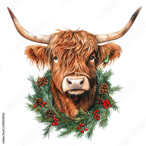 Highland cow adorned with festive wreath of pine, berries, and pinecones, capturing spirit of Christmas. Perfect for holiday decor and seasonal themes