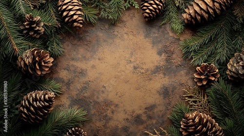 Pine cones and evergreen branches with a rustic feel, creating a natural border around a central blank space, soft highlights, hd quality, detailed and realistic textures. --ar 16:9 photo