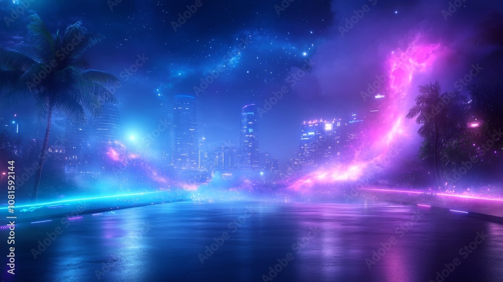 Enchanting Nightscape of a Futuristic City with Vibrant Colors and Glowing Reflections Over a Serene Water Surface Surrounded by Palms and Cosmic Elements Enchanting Nightscape of a Futuristic City with Vibrant Colors and Glowing Reflections Over a Serene Water Surface Surrounded by Palms and Cosmic Elements