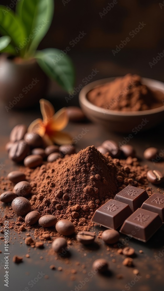 A bowl of chocolate powder is on a table with a bunch of chocolate bars A bowl of chocolate powder is on a table with a bunch of chocolate bars