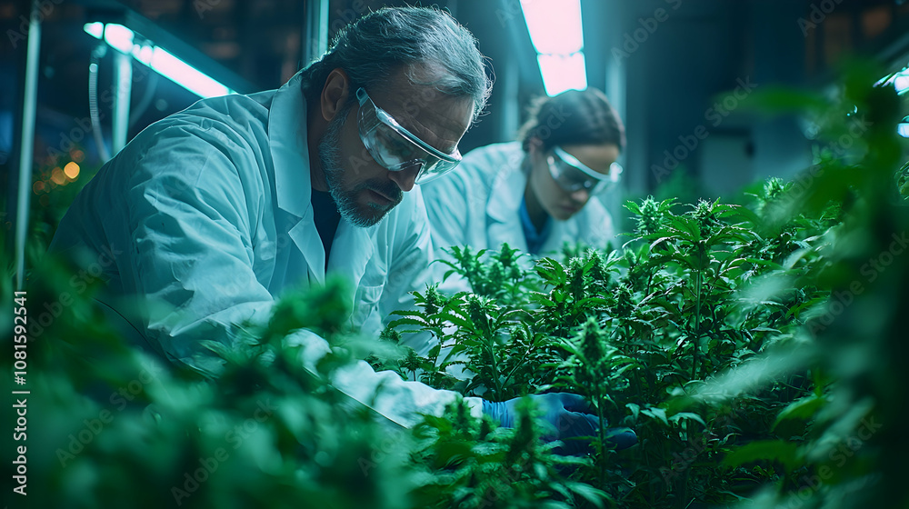 Laboratory Scientists Inspecting Green Plants in a Controlled Environment