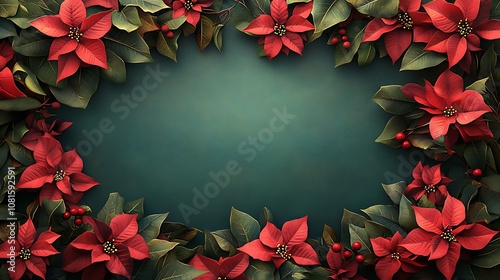 Poinsettia flower border with rich red blossoms and green leaves, creating a vibrant frame around a blank central area, intricate detailing, warm festive lighting, hd quality. --ar 16:9 photo