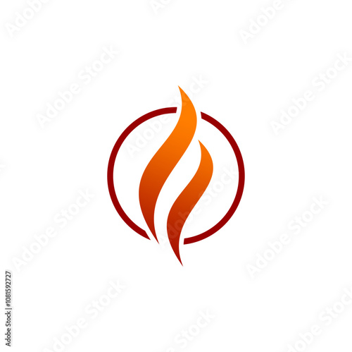 An abstract logo design featuring a flame within a circular frame.