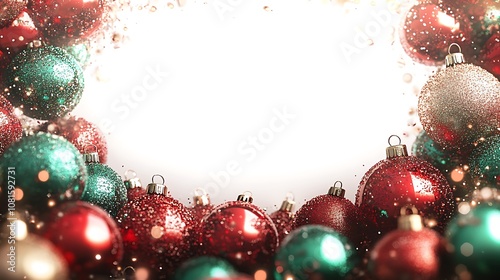 Red and green baubles with sparkling glitter lining the edges, forming a Christmas-themed border around a blank white center, bright festive lighting, hd quality, high detail. --ar 16:9 photo