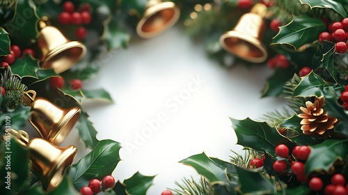 Ringing golden bells and vibrant green holly leaves forming a joyful Christmas border around a white central area, soft festive glow, hd quality, elegant holiday feel. --ar 16:9 photo