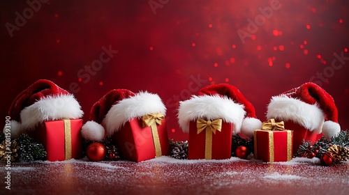 Santa hats with fluffy white trim and red gift boxes with golden ribbons, creating a cheerful border around a blank copy space, vibrant colors, festive lighting, hd quality, high detail. --ar 16:9 photo