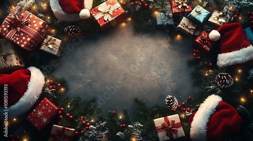 Santa’s hats and gift-wrapped presents with ribbons and bows, creating a decorative Christmas border around a central blank space, vibrant holiday lighting, hd quality, detailed textures. --ar 16:9 photo