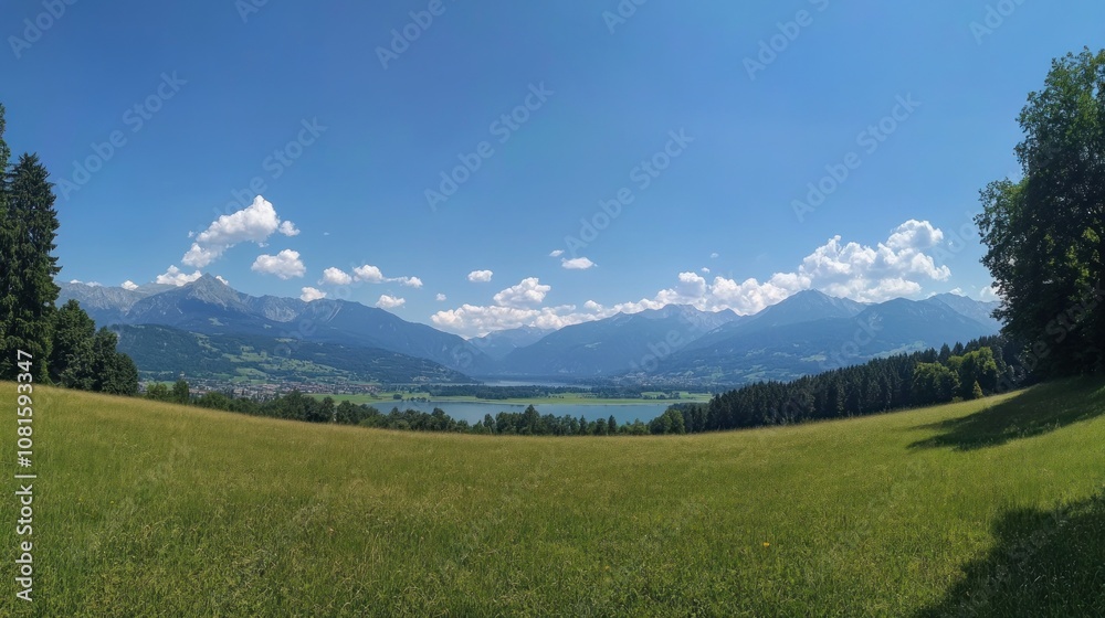 Panoramic view of a mountain lake with green meadow in the foreground and a clear blue sky with clouds. Panoramic view of a mountain lake with green meadow in the foreground and a clear blue sky with clouds.
