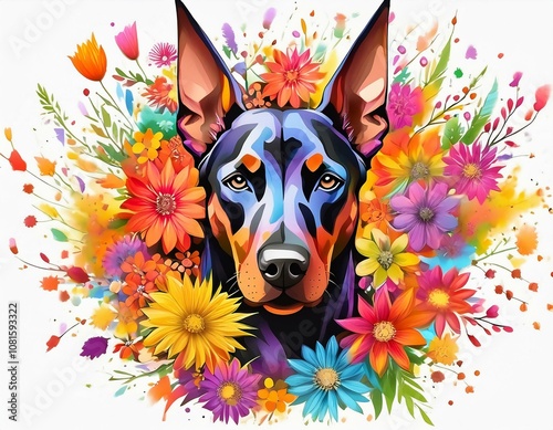 Doberman Pinscher head against colorful flower explosion background