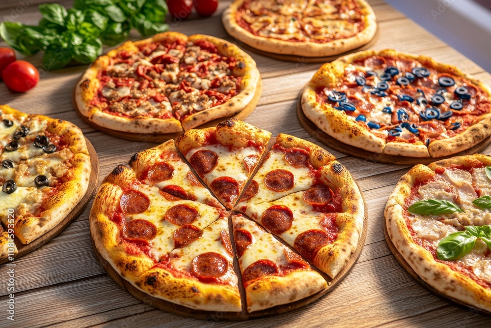 Aerial view of a variety of pizzas with different toppings on a wooden table, each with distinct ingredients