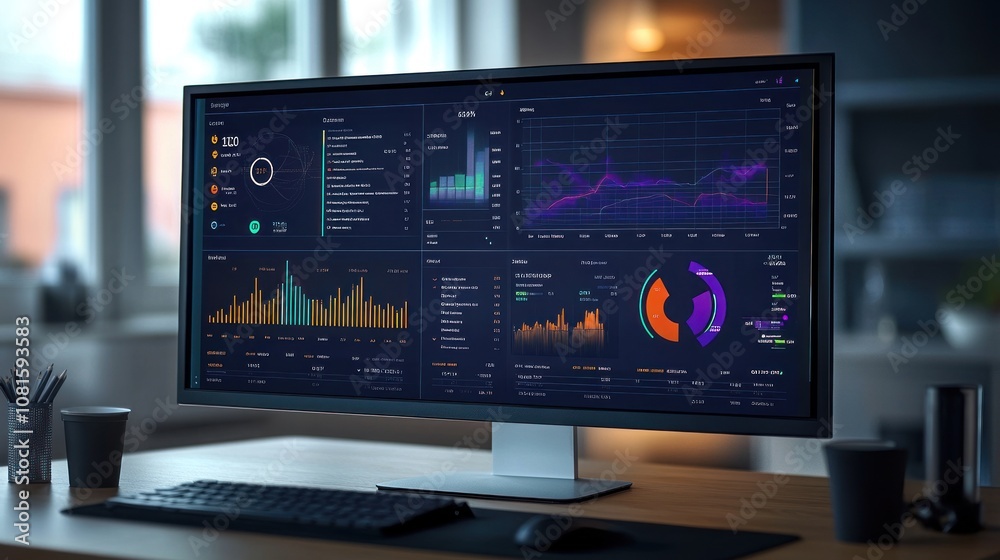 A modern desktop computer displaying a user interface with multiple charts and graphs representing data analysis and insights. A modern desktop computer displaying a user interface with multiple charts and graphs representing data analysis and insights.