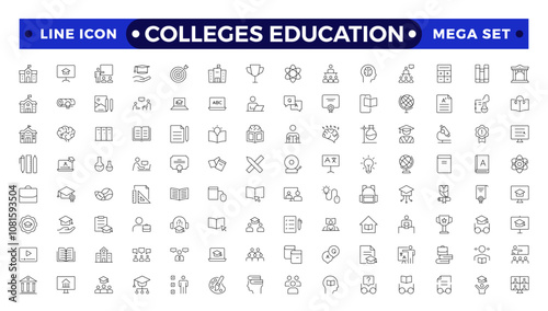 Colleges education icons. School, University, Back to school, Classroom, students and teacher. Science Education and knowledge outline icon.
